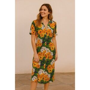 La Cera Womens‎ Midi Shirt Dress Medium Yellow Floral Button Front Short Sleeve